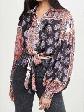 Petersyn Antonia Paisley Tie-Front Long Sleeve Collared Blouse Bazaar Small Boho